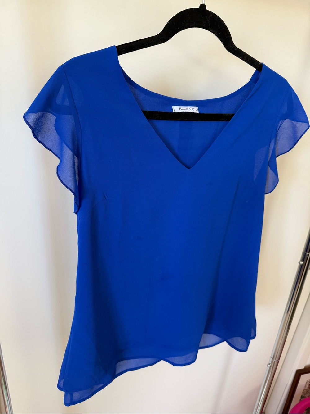 Women's Royal Blue V-Neck Flutter Sleeve Top
